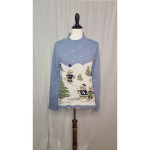 Vintage CENY Cardigan Sweater Baby Blue Bear Button Front Women Sz M Made In USA